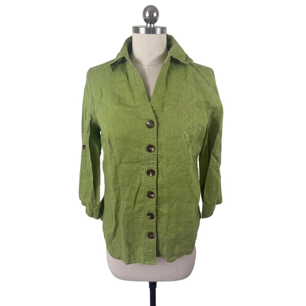 Zoe D. Linen Button Down Shirt Womens Small Green Embroidered Beachy ResortWear